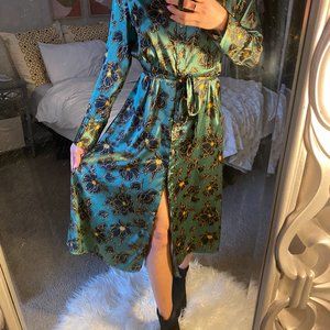 Who What Wear Women's S Shirtdress Green Floral Long Sleeve Button Down Midi